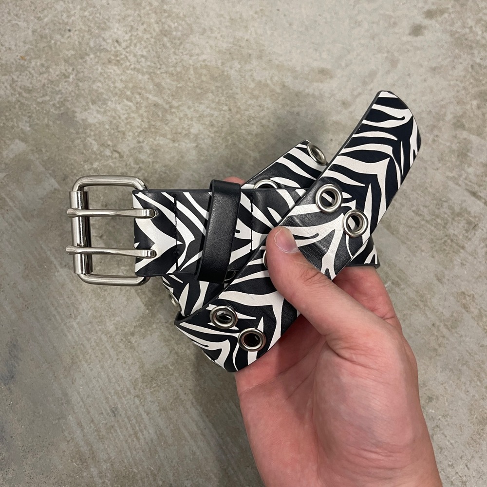 Zebra Print Double Grommet Belt Black White Silver Buckle Punk Y2K Streetwear